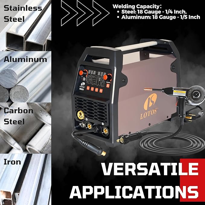 LOTOS MIG180SP MIG Welder with Aluminum Spool Gun, 180A 110/220V, 6 in 1 Gas MIG, Spool Aluminum, Gasless Flux Core, Stick, Lift TIG, Spot, Multi Process Welding Machine Auto Synergistic Setting
