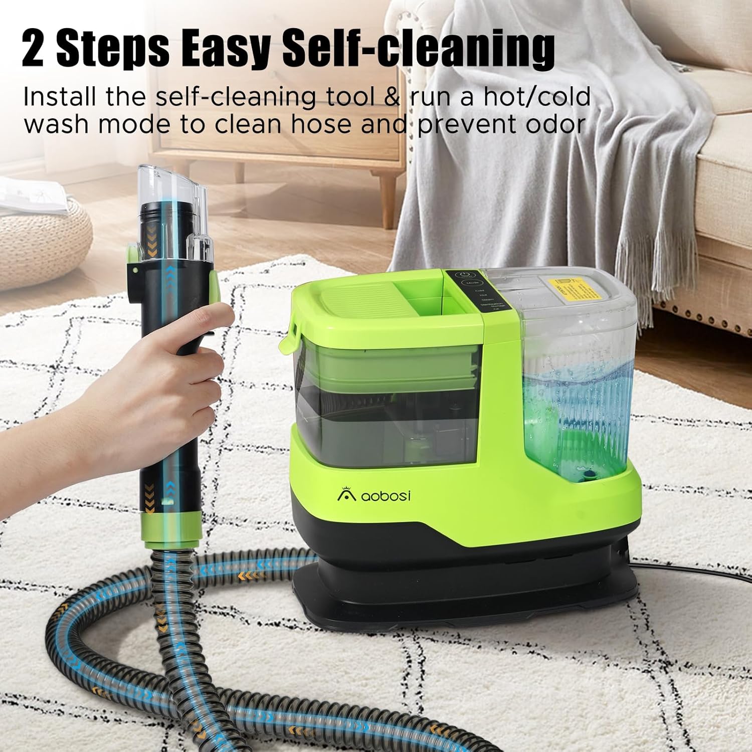 AAOBOSI Portable Carpet Cleaner Machine, 17Kpa Upholstery Steam Cleaner with Smart Voice Prompting, Self-cleaning, 4 Tools for Pets, Car, Couch and Stairs- C688, Green