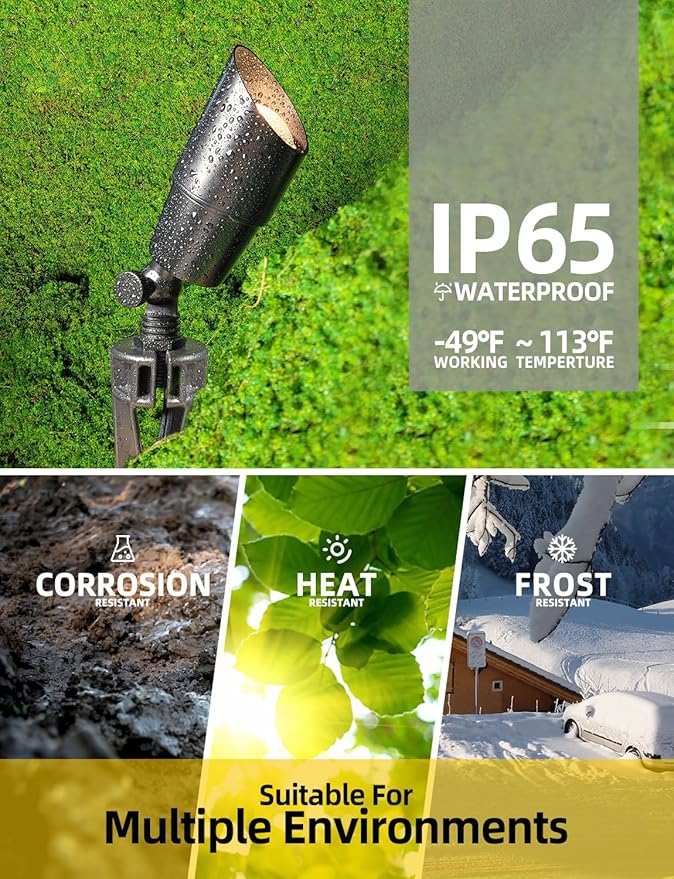 COLOER Brass Low Voltage Landscape Spotlight(Black) 12-Pack with 5W Aluminum Housing MR16 LED Bulb 2700K 450LM CRI85+,12V AC/DC Outdoor Uplighting, Directional Garden Patio Spot Up Light(101B-Black)