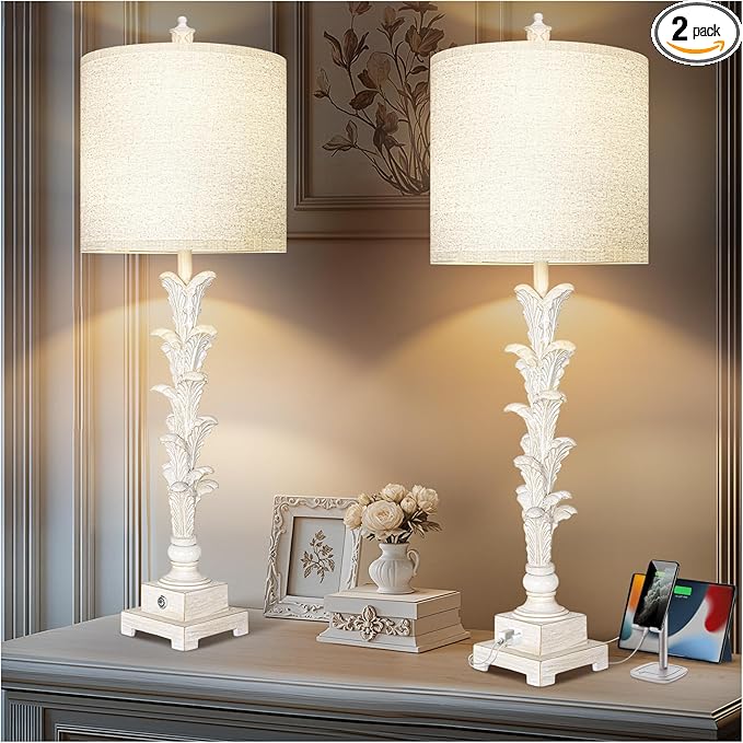 Vintage Table Lamps Set of 2, 3-Way Dimmable Touch Buffet Lamps with 2 USB Ports, 33'' Bedside Nightstand Lamps with Linen Shades, Rustic Farmhouse Table Lamps for Living Room Bedroom, Washed White