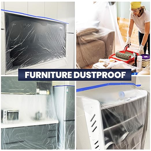 ADHES Painters Plastic with Tape, Painters Tape with Plastic Attached, Pre Taped Masking Film Tape and Drape for Automotive Painting Covering, 90 feet, 3 Sizes