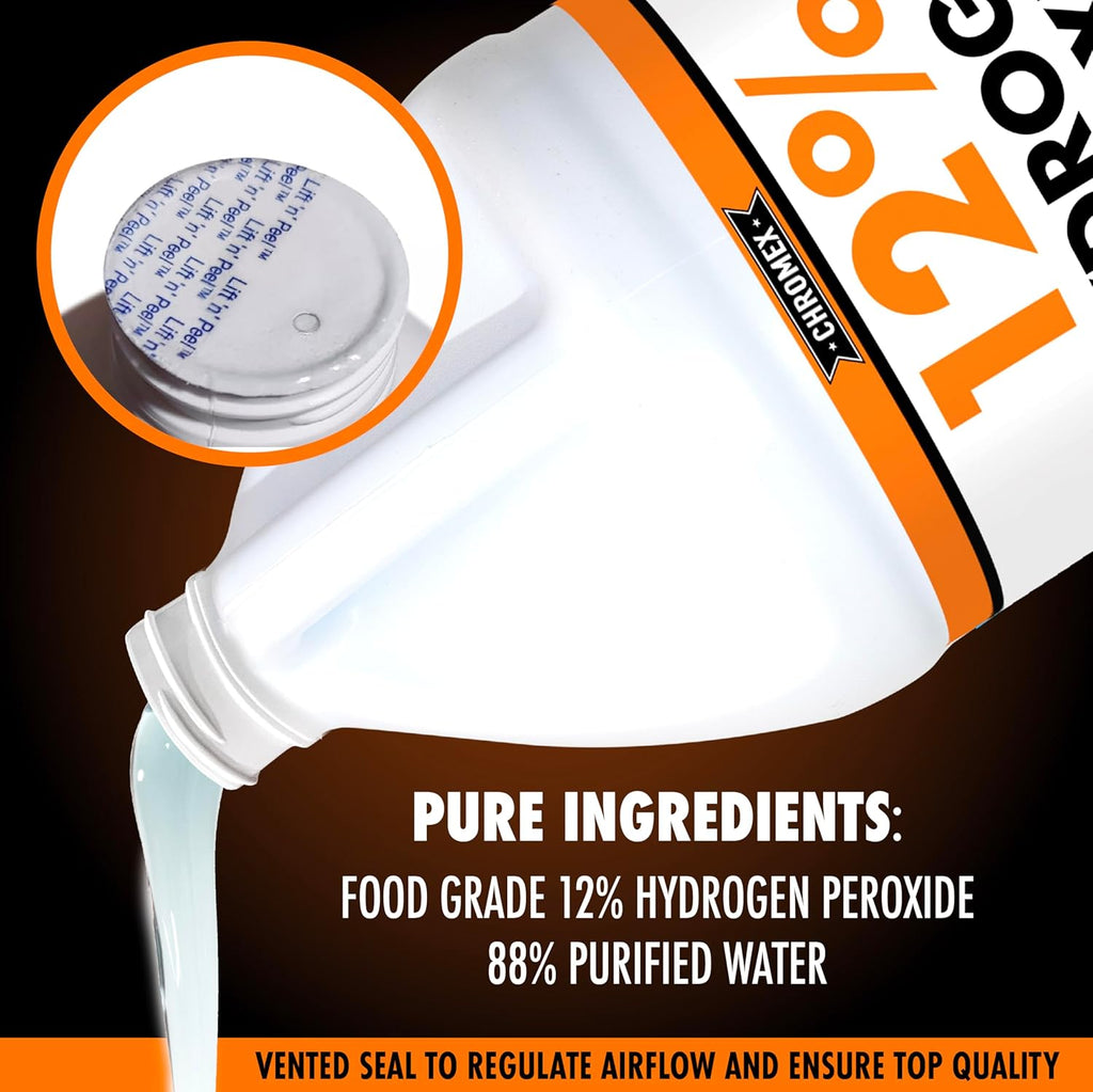 Chromex Hydrogen Peroxide 12 Percent Food Grade, 4x Power Concentrated Solution, 2 Gallons Dilute to 8 Gallons, Versatile Uses include Topical Care, Home, Kitchen, Bath Cleaner, Laundry, Whitening