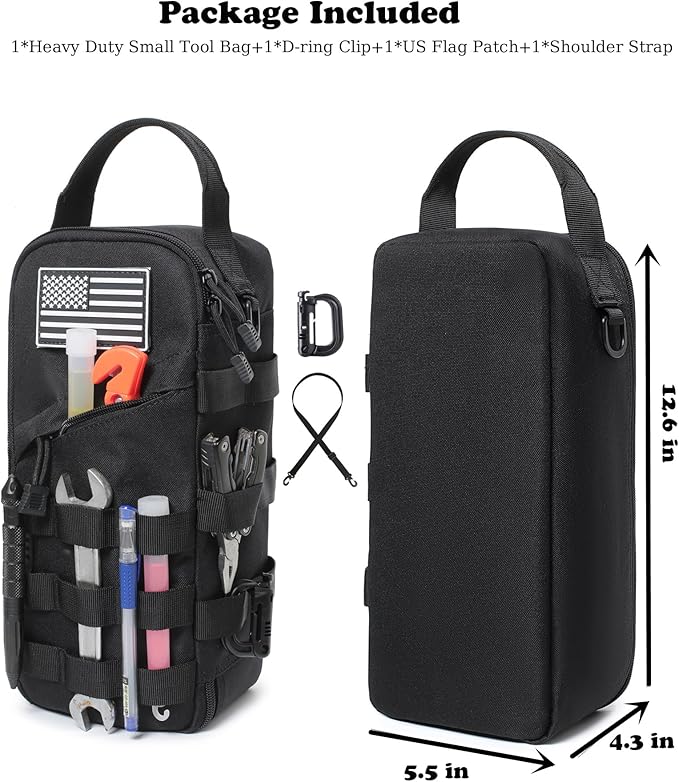 12-Inch Heavy Duty Small Tool Bag with D-Ring Clip,Flag Patch&Shoulder Strap - Small Tactical Molle Zipper Tool Bag,EDC Storage Tool Bags for Men,Multipurpose Utility Work Organizer Bag