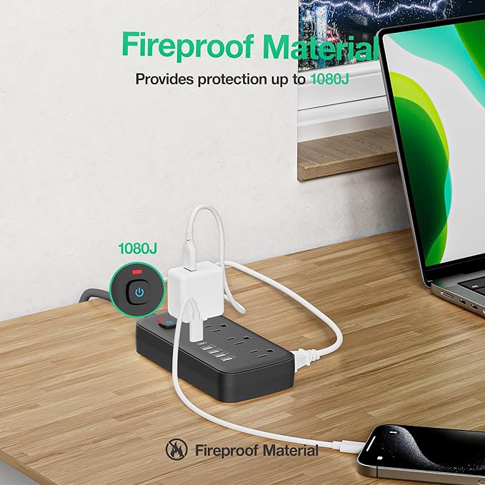 Surge Protector Power Strip - 8 AC Outlets & 6 USB Ports (4A/2C), 1080J Extension Cord with Multiple Outlets, 2-Sided Outlet Extender, 5FT Extension Cord, Wall Mount for Travel, Dorm Room