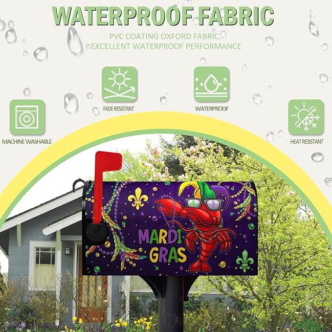 Mardi Gras Mailbox Cover Magnetic Lrage Size 21x25.5 Inch Crawfish Carnival Beads Mailbox Covers Oversized Letter Box Wraps for Holiday Outdoor Garden Yard Decor