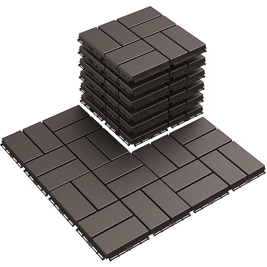 Goovilla Plastic Interlocking Deck Tiles, 9 Pack Outdoor Patio Flooring, 12"x12" Interlocking Decking Tile Outdoor All Weather Use, Waterproof Patio Pavers for Pool Balcony Backyard Porch, Dark Coffee