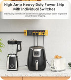 CCCEI Heavy Duty Surge Protector Power Strip 20 Amp Individual Switches. 15FT 12 Gauge Extension Cord with Multiple Outlets. Kitchen, Garage, Shop, Industrial Wall Mount Electric Extender, Yellow.