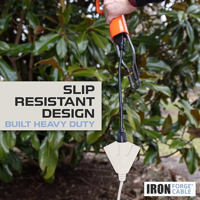 Iron Forge Cable Weatherproof 50 Ft Outdoor Extension Cord with 3 Outlets - 16/3 SJTW Heavy Duty Beige Extension Cord 3 Prong - 13 Amp Power Cable