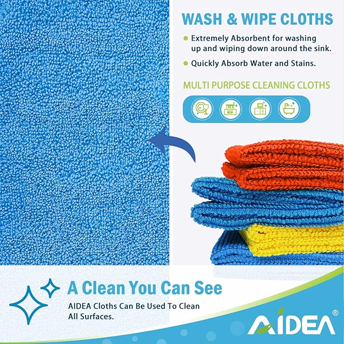 AIDEA Microfiber Cleaning Cloth 50PK, Dusting Cloth Drying Towel, All Purpose Soft Absorbent, Lint Free Rags, Streak Free Wash Cloth for House, Kitchen, Car, Window, 12"×12"