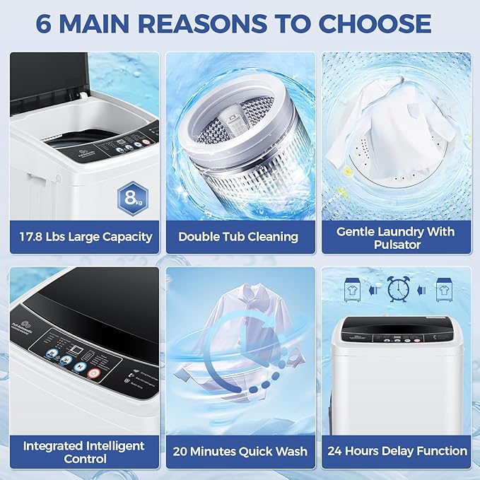 Nictemaw Portable Washing Machine 17.8Lbs Large Capacity 2.4 Cu.ft Portable Washer Machine with 10 Programs and 8 Water Levels Selections Mini Washing Machine for Apartment, Home, Dorms, Rv