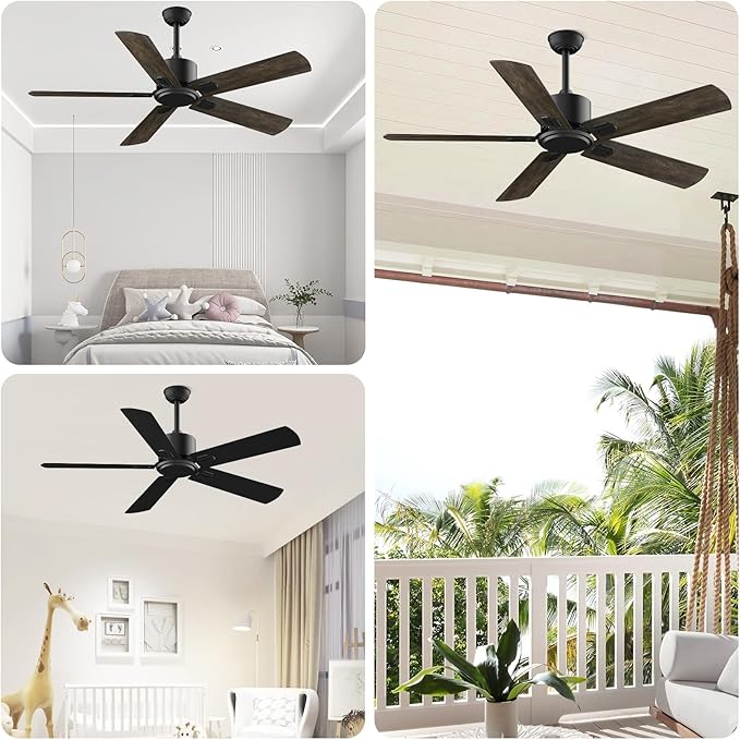 52 Inch Ceiling Fan No Light - Outdoor Indoor Flush Mount Low Profile DC Motor Fan with Remote, 5 Blades Reversible Silent Fan for Patio, Bedroom, Living Room, Garage, Brown