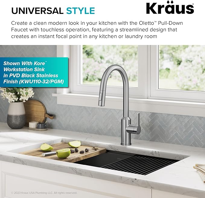 KRAUS Oletto Touchless Sensor Pull-Down Single Handle Kitchen Faucet in Spot-Free Stainless Steel, KSF-2830SFS