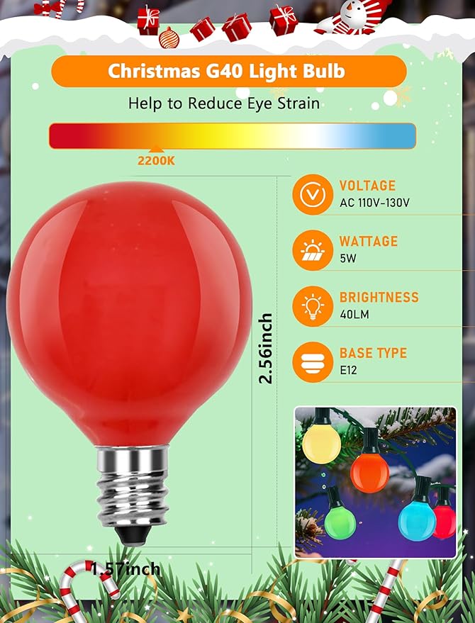 25 Pack G40 Replacement Bulbs, Multicolor Christmas Replacement Light Bulbs for Christmas String Lights, Indoor Outdoor Holiday Decor, E12 Candelabra Base, 5 W Incandescent Night Light Bulbs