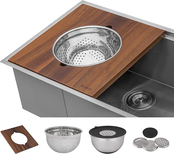 Ruvati 33-inch Two-Tiered Ledge Workstation Kitchen Sink - Drop-in Topmount Kitchen Sink - 16 Gauge Stainless Steel Kitchen Sink with Brushed Finish hides scratches - RVH8424