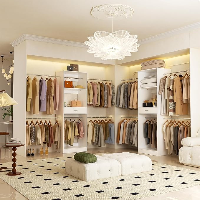 Unikito 8FT Closet System, 96 Inch Walk in Closets Organizer Kit with 4 Extendable Hanging Rods and Drawer, Adjustable Wood Garment Rack, Sturdy Closet Insert, Easy Assembly, Max Load 1000 LBS, White