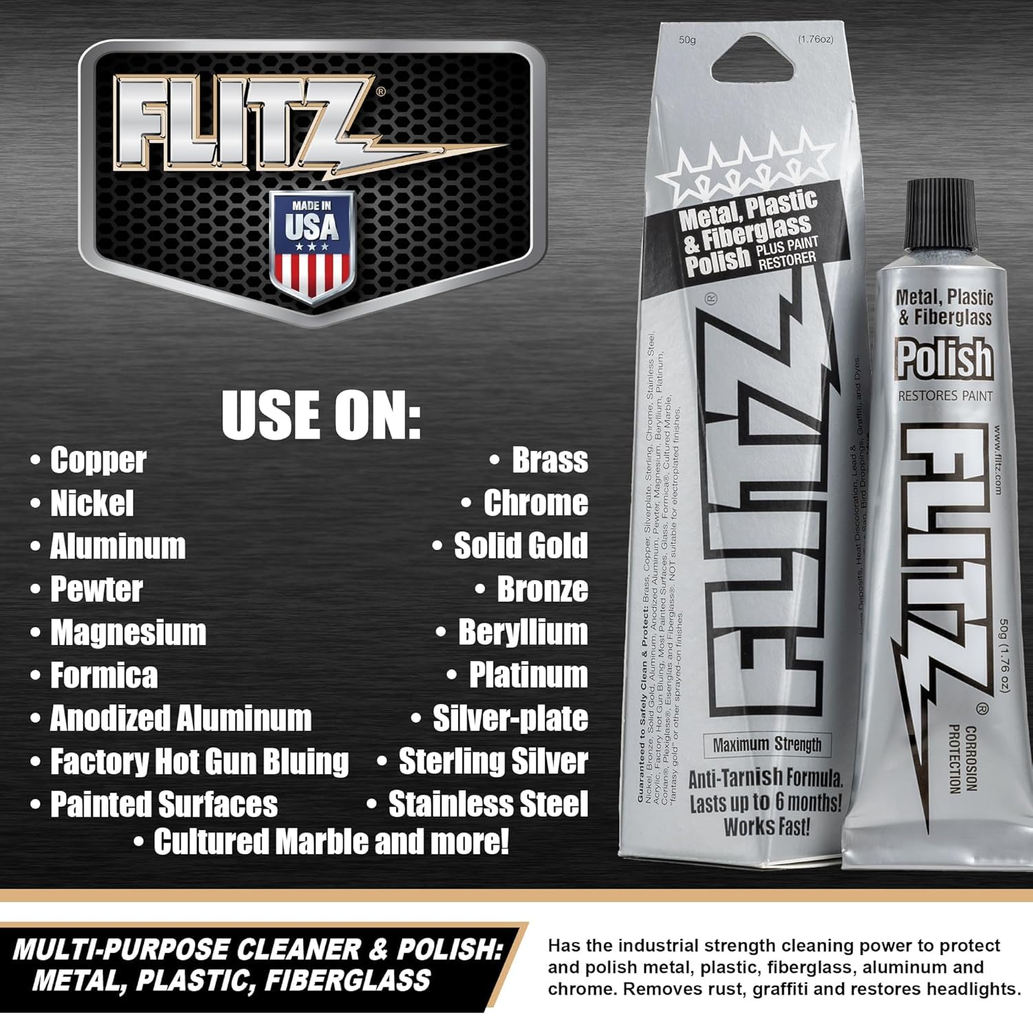 Flitz Multi-Purpose Metal Polish Paste - 1.76oz Tube of USA-Made Chrome Polish - Works on Stainless Steel, Aluminum, Plastic, Jewelry and Cars - Non-Abrasive Cleaner & Rust Remover (1 Pack)