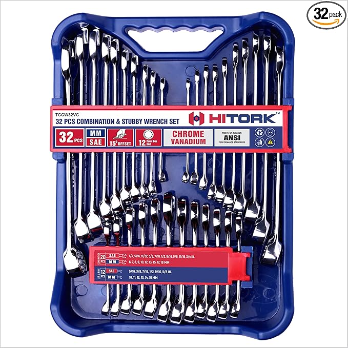 HITORK 32 Piece Wrench Set SAE & Metric 20 Standard & 12 Stubby Combination Wrenches Cr-V Steel 12-Point Mirror Finish 15° Offset with Organizer Tray Ideal for Auto & Home Repair