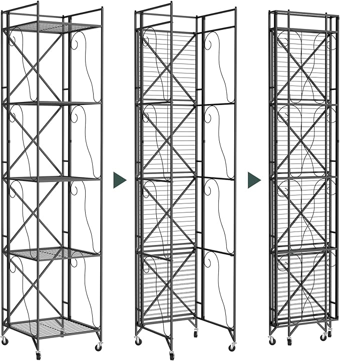 5-Tier Foldable Metal Wire Storage Shelf – No Assembly Required | 71" Tall x 16"x 16"| Space-Saving Organizer for Room, Dark Black