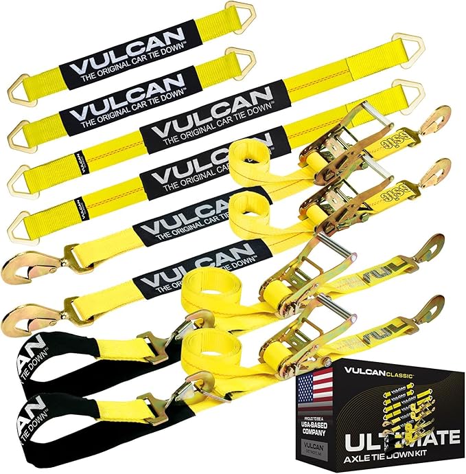 VULCAN Ultimate Axle Tie Down Kit - Classic Yellow Webbing - Includes (2) 22 Inch and (2) 36 Inch Axle Straps, (2) 96 Inch Snap Hook Ratchet Strap, and (2) 112 Inch Loop Tie Down Combinations