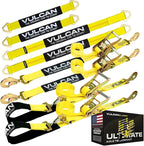 VULCAN Ultimate Axle Tie Down Kit - Classic Yellow Webbing - Includes (2) 22 Inch and (2) 36 Inch Axle Straps, (2) 96 Inch Snap Hook Ratchet Strap, and (2) 112 Inch Loop Tie Down Combinations