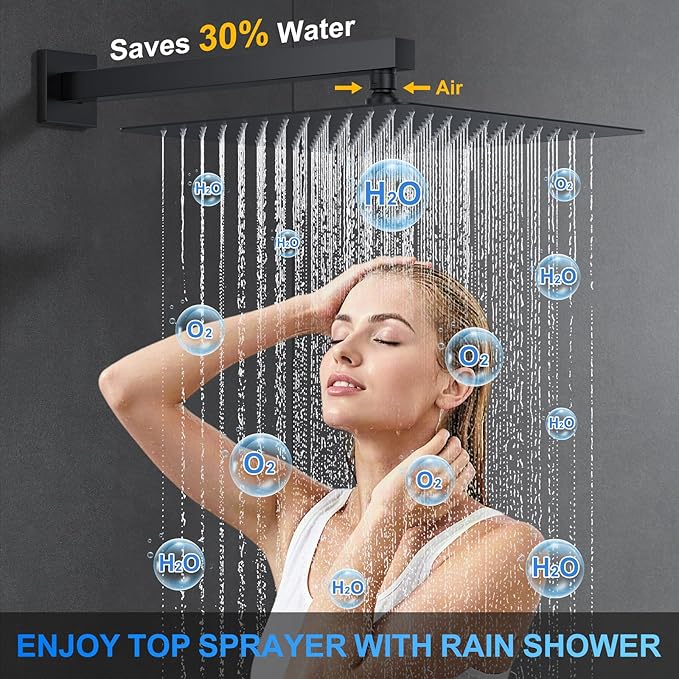 Shower Faucet Set, 12" Wall Mount Rainfall Shower System with 2 Rain Shower Head and Multi-function Handheld Head Push Button Diverter Shower Faucet Trim Kit Matte Black