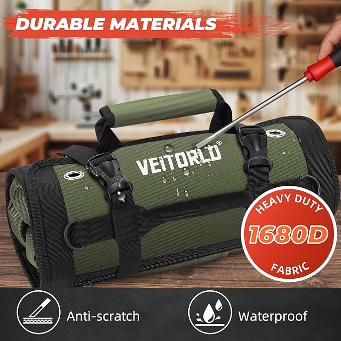 Tool Roll Up Bag, Gifts for Men Dad Husband Him, 1680D Portable Tool Storage for Men, Heavy Duty Tool Organizer with Detachable Pouches&Wrench Roll for Mechanic