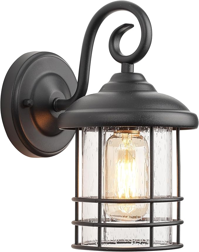 MICSIU Textured Black Exterior Wall Sconce Lantern, 9.8 Inch Outdoor Wall Lighting with E26 Based Socket，Clear Seedy Round Small Outside Lights for House, Entryway, Home, Patio, Garage, Doorway