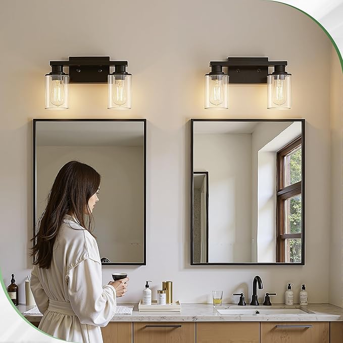 DORESshop 2-Light Black Bathroom Light Fixtures Over Mirror with Clear Glass Shade, Vanity Lights for Bathroom Mirror Hallway Bedroom Living Room, ETL Listed