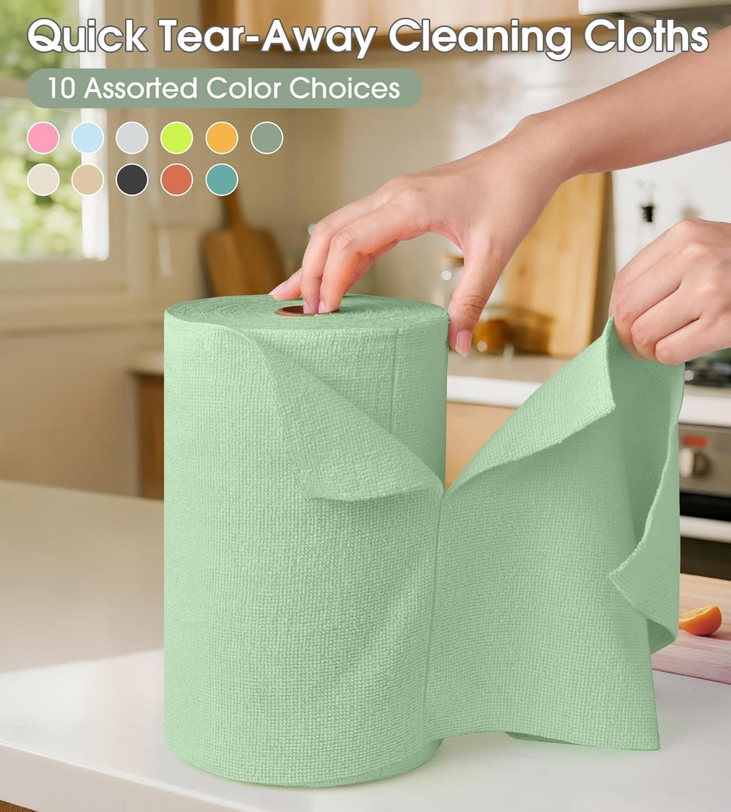 KitchLife Microfiber Cleaning Cloth Roll, 100 Pack - Tear-Away Microfiber Paper Towels, Lint-Free, Reusable, Washable for Kitchen, Car, Dishes, and Sensitive Surfaces (Bean Green)