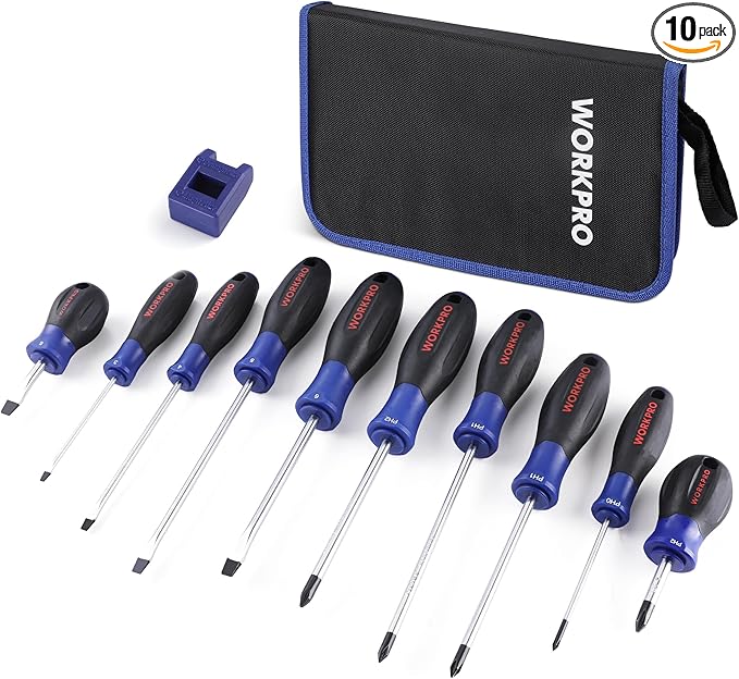 WORKPRO 10-Piece Magnetic Screwdriver Set with Pouch, Phillips, Slotted, Flat Head Screwdriver Include Magnetizer, Screwdriver with Non-Slip Grip, for Home Repair and DIY Projects