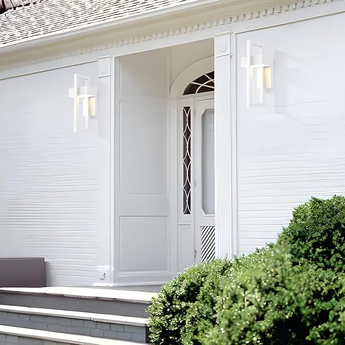 LamQee 2 Packs Modern Outdoor Wall Lights 3000K Integrated LED Outdoor Wall Sconces Lighting, Contemporary Exterior Lighting Fixtures Outside Wall Mount Lights for House Porch Door Garage, Matte White