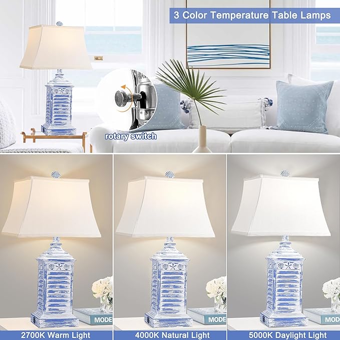 Coastal Table Lamps for Bedrooms Set of 2 Farmhouse Bedside Lamp for Living Room Modern 3-Color Temperature Blue Washed Nightstand End Tables Lamp with USB Ports and AC Outlet (Bulbs Included)