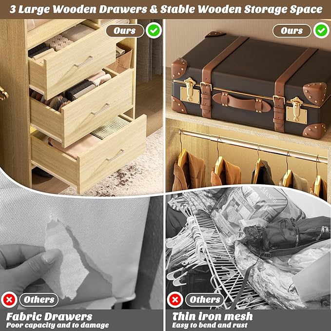 Aheaplus Closet System - 8FT Organizer with 3 Wooden Drawers, Fits 5.3-9 ft Walk-in Closet, White Oak