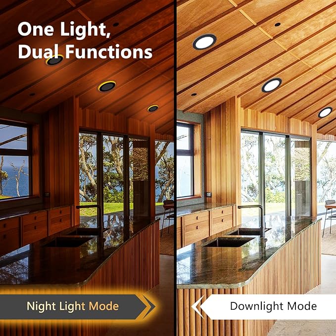 CycevSun 12 Pack Black Recessed Lights 6 Inch with Night Light, Canless Ultra Thin Wafer Downlight Indoor Outdoor Exterior Soffit, Dimmable & 5 Color Selectable, 12W, ETL Listed