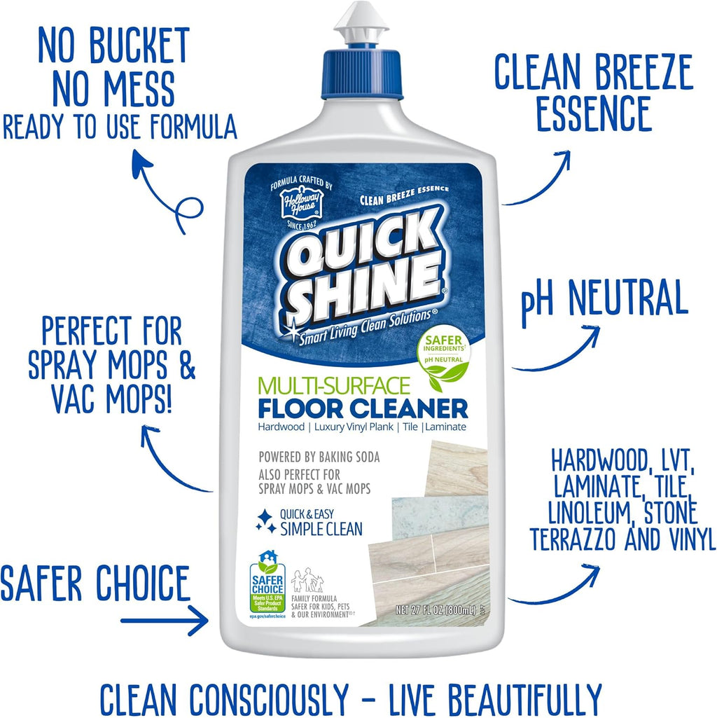Quick Shine Multi Surface Floor Cleaner 27oz, 6Pk | Ready to Use-Streak Free- No Rinse | Use on Hardwood, Laminate, Luxury Vinyl Plank & Stone | Use in Spray Mops & Vac Mops | Safer Choice Cleaner