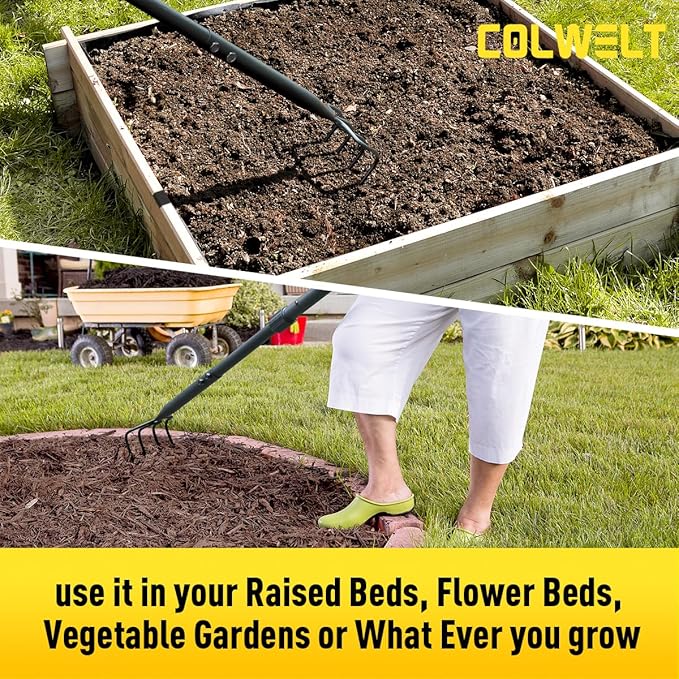 Colwelt 4 Tines Garden Cultivator Rake 59'', Hand Tiller Garden Tool with Sharp Forged Steel Head, Cultivators for Gardening with Long Handle, Garden Tiller for Digging Loosening Weeding