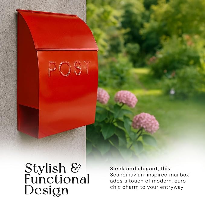 NACH Mailboxes for Outside Wall Mount, 15 x 10 x 4 inches, Red Wall Mounted Mailbox and Newspaper Holder, Waterproof Mailbox for Door - The Milano Mailbox