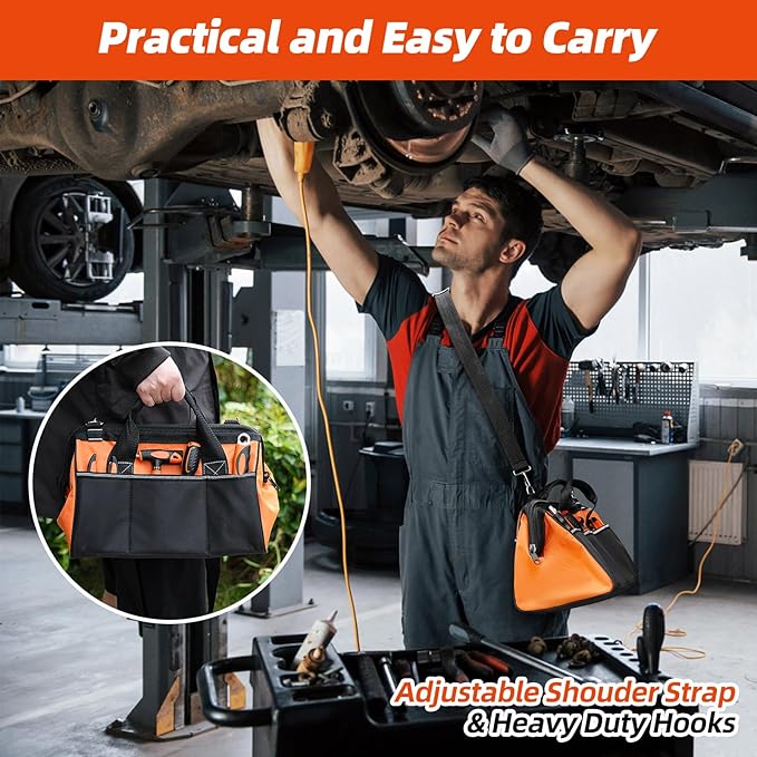 Tool Bag 14'', Thick Outer Pocket Tool Organizer Waterproof, Heavy Duty Tote with Shoulder Strap for Tool Storage, Black & Orange