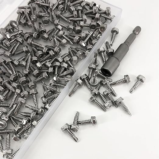 QSJ 180 PCS #8 x 5/8'' Sheet Metal Screws 410 Stainless Steel Hex Washer Head Fast Self Tapping Screws with Screwdriver