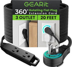 GEARit 360 Rotating Flat Plug Extension Cord (20ft, Black) Multi 3-Outlet Extension 16 AWG Wire, Adapter for Small Spaces, Right Angle Socket, ETL Certified - 20 Feet