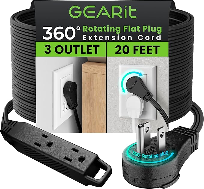 GEARit 360 Rotating Flat Plug Extension Cord (20ft, Black) Multi 3-Outlet Extension 16 AWG Wire, Adapter for Small Spaces, Right Angle Socket, ETL Certified - 20 Feet