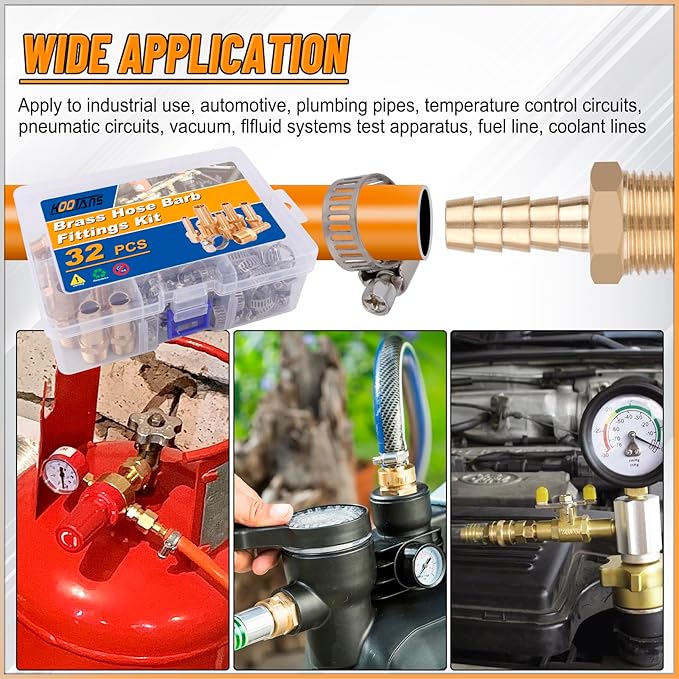 KOOTANS 32PCS Brass Hose Barb Fittings Barb to NPT Male Thread Adapter Kit 3/16" 1/4" 5/16" 3/8" 1/2" Barbed Air Hose Fittings with 46pcs Pipe Clamps for Water Fuel Air Line Connector Fitting