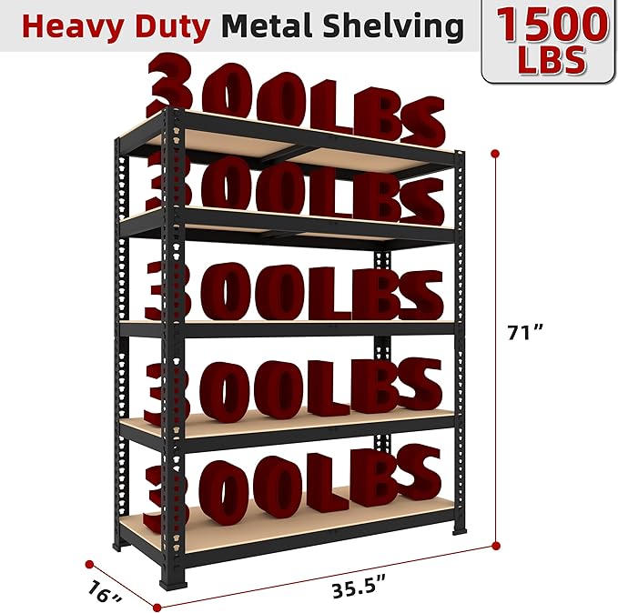 35.5" W x 16" D x 71" H Adjustable Garage Storage Shelves - 5-Shelf Heavy Duty Shelving Unit, Metal Utility Storage Organizer Racks for Warehouse Pantry Closet Kitchen, Black