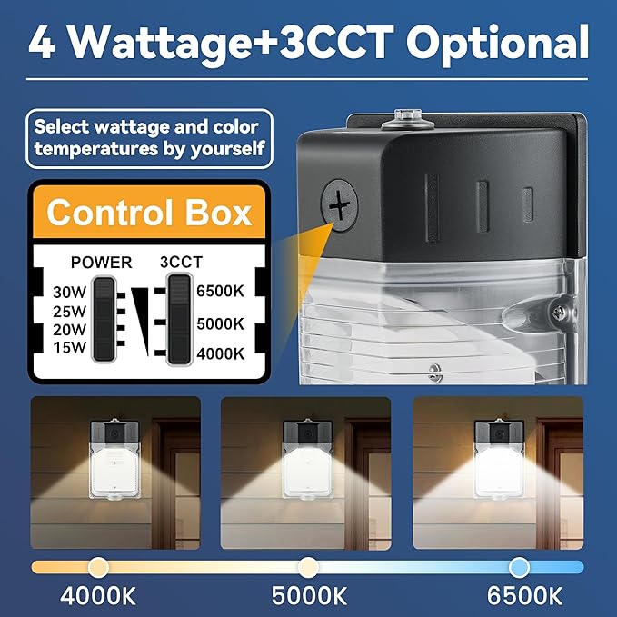 30W LED Wall Pack Light with Photocell 2Pack, 3CCT 4000/5000/6500K, 15/20/25/30W Selectable, LED Wall Lights Porch Lights Outdoor Security Lighting for House Garage Yard Garden, 100-277VAC, ETL Listed