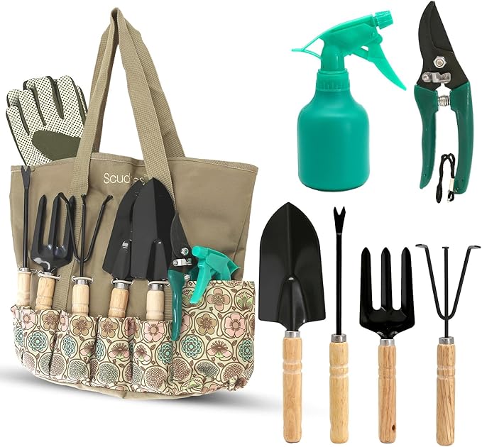 scuddles Gardening Tools for Women Stainless Steel Gardening Tools - Gardening Kit Garden Tools for Women Includes Shovel Trowel Fork Rake Gardening Gloves Perfect Gardening Gifts