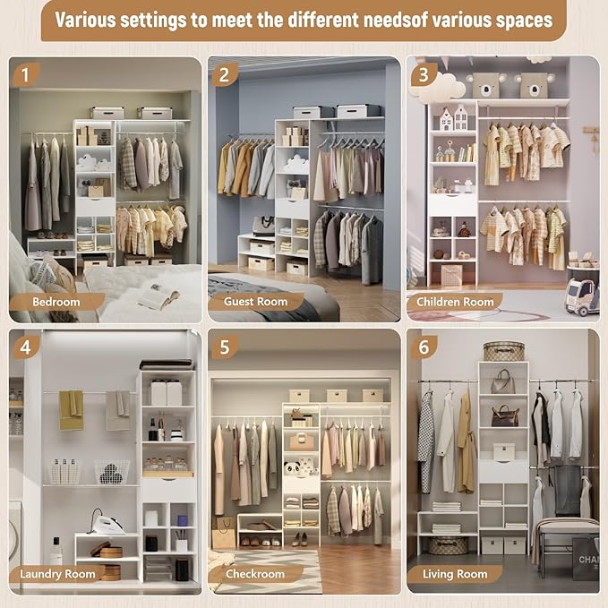 Wood Closet Organizer System, Closet Organizer with 3 Hanging Rods & 1 Wooden Drawer – Adjustable Closet System for Walk-In Closets, Wood Shelves, Fits Spaces 3-8ft, Pure White