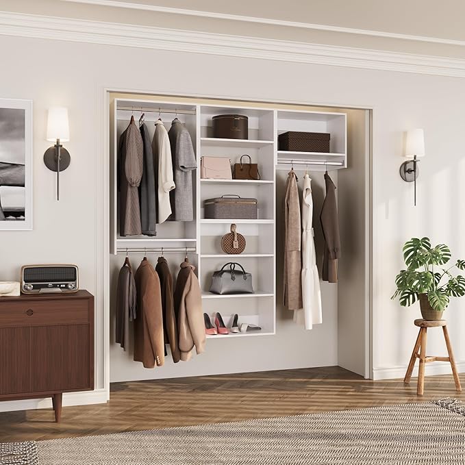 ROOMTEC Modular Closet System, 102" Wall-Mounted Closet Organizer with Hanging Rods, Modern Wooden Tower for Walk-In Closets, Wardrobe Storage Kit, White