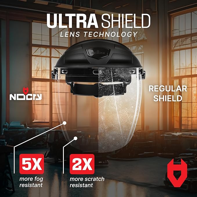 NoCry Premium Safety Face Shield for Grinding and Cutting — Clear Anti-Fog, Impact Resistant Visor and Adjustable Headgear — ANSI Z87.1 Certified for Industrial Use — Washable Sweatbands Included