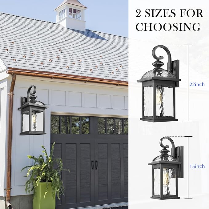 Darkaway 2pcs Outdoor Lights Fixtures Wall Mount, Large 22inch Outdoor Wall Sconce Lights with Water Ripple Glass Outside Exterior Lights Fixture for House Front Porch Patio