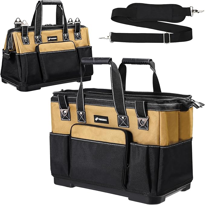 17 IN Large Tool Bag For Men Heavy Duty, Drill Bag Tool Bag Organizer, Wide Mouth Waterproof Hard Bottom Multiple Pockets Tool Tote, Tool Caddy, Maintenance